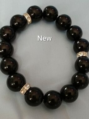 Black Glass Beads w/Crystal Rhinestones Bracelet NWT